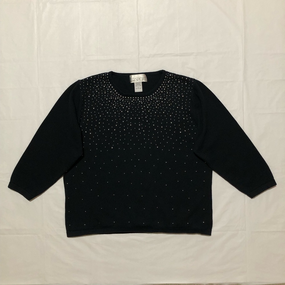 C.D. Sport Women’s 3/4 Sleeve 100% Cotton Stretch Embellished Black Top L